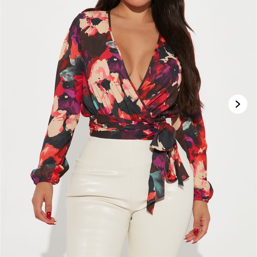 Fashion Nova Pink and Green Wrap Tie Front Blouse